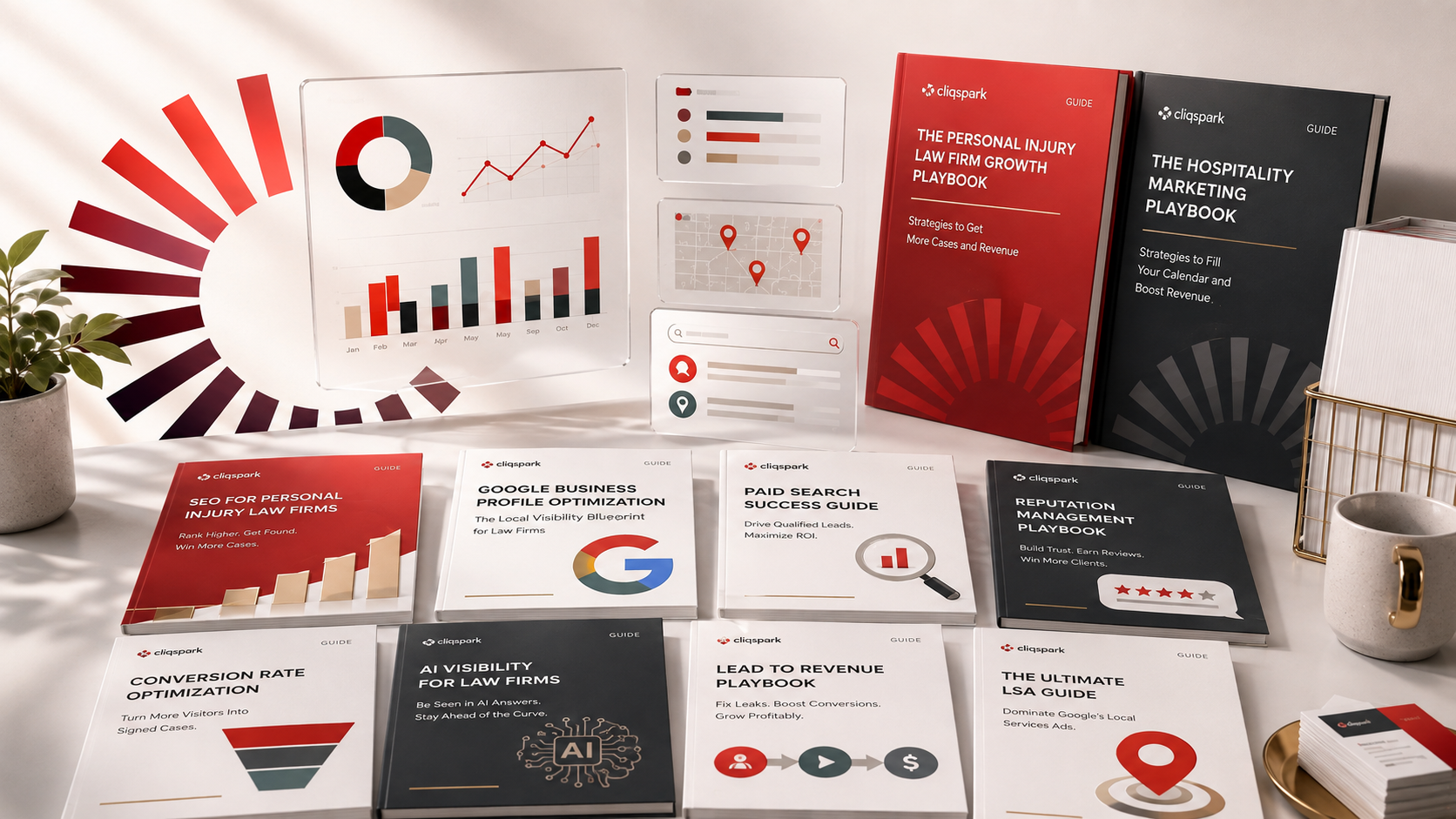 Marketing resource center materials with growth dashboards, local search cards, and strategic playbooks